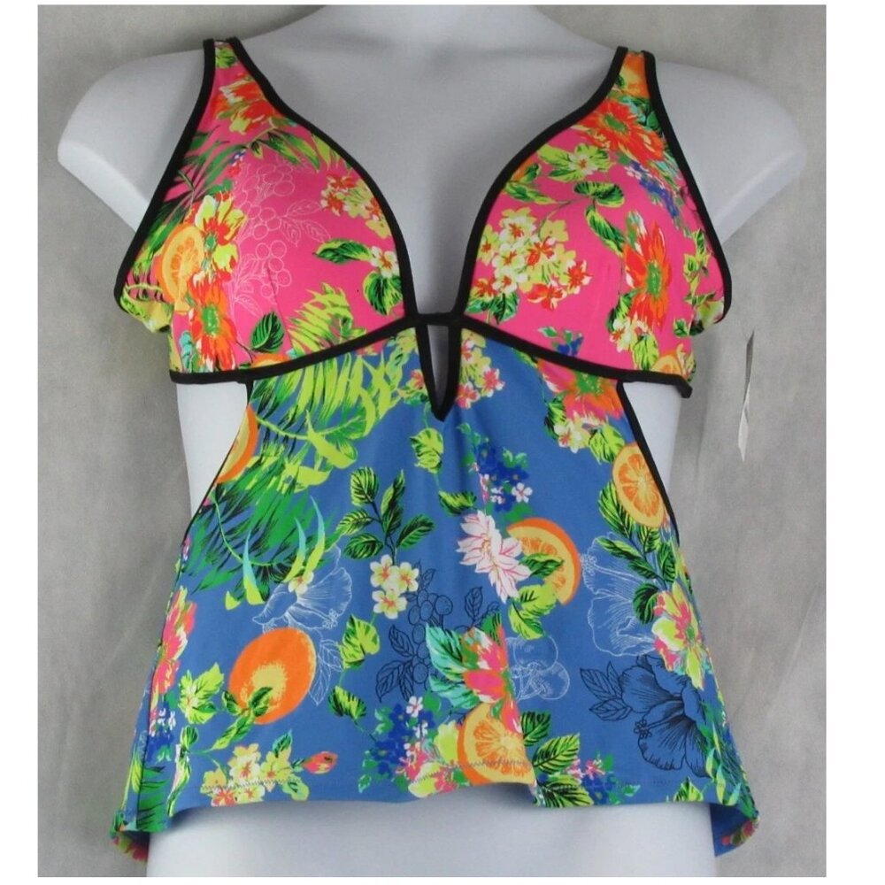 NWT Bar III Women's Plunge V-Neck Tankini Top Swimsuit, Multi Floral Fruit, XL